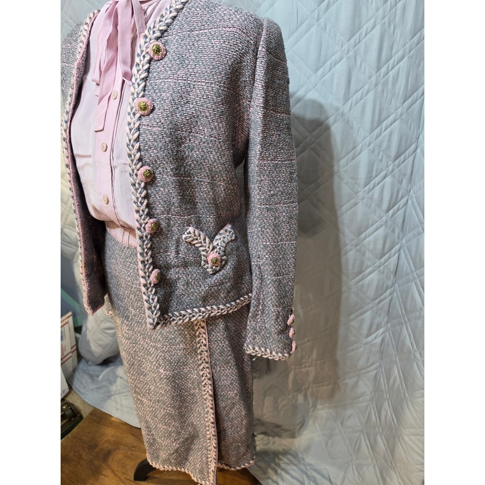 Adolfo Saks Fifth Avenue 3pc Suit Wool Knit Jacket Skirt Silk Blouse Pink Grey - Picture 2 of 16